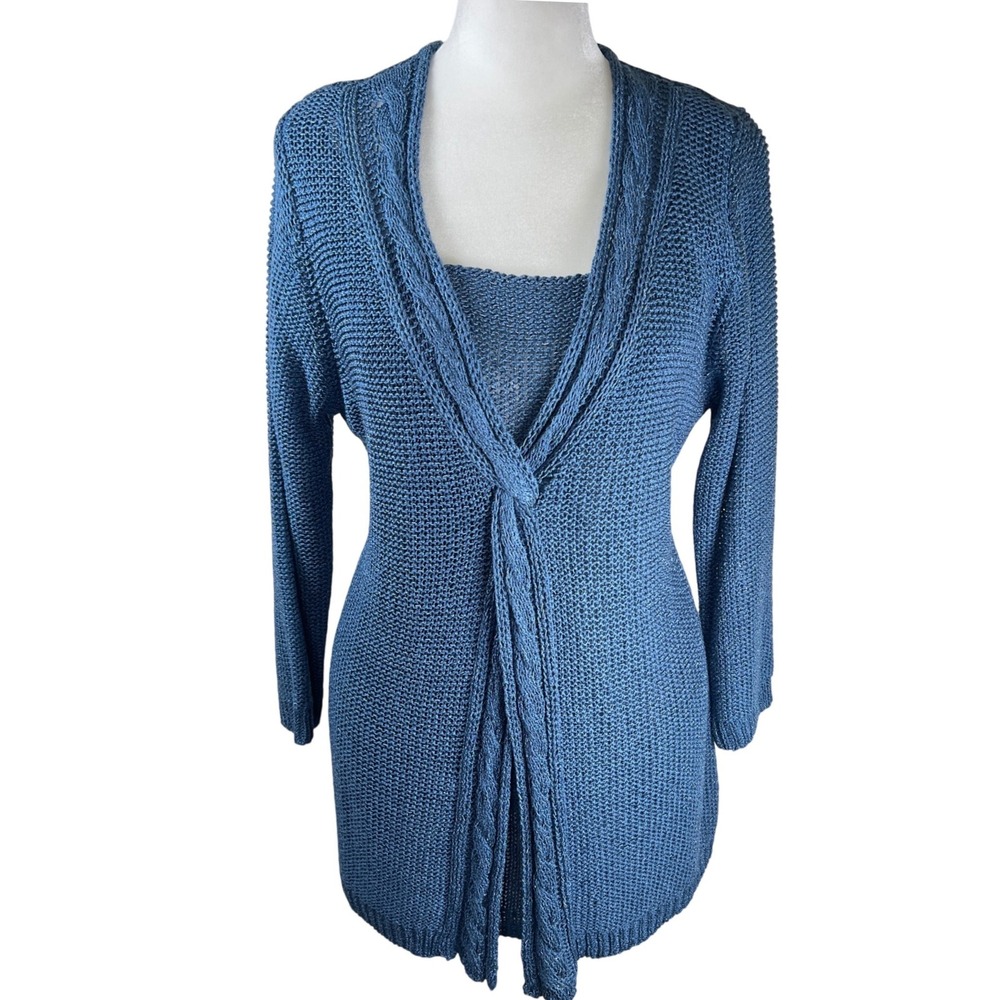 Coldwater Creek Blue Cardigan Sweater Open Knit Front Twist‎ Detail Women L 14